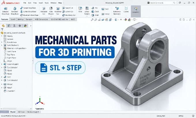 design 3d printable mechanical parts, functional prototypes stl step solidworks