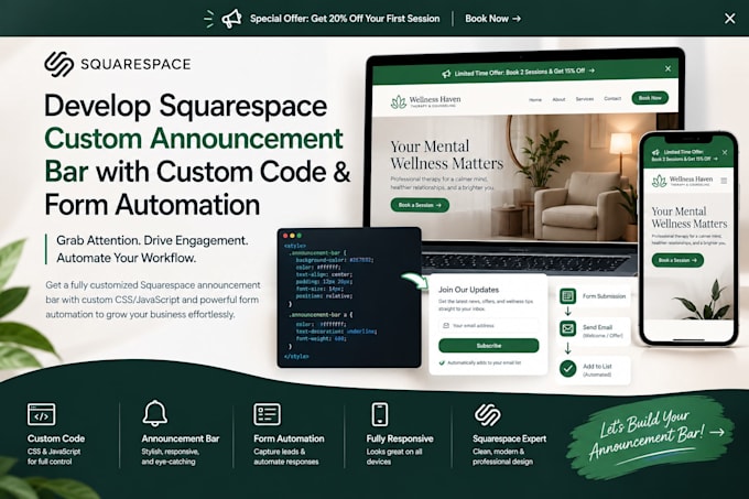 develop squarespace custom announcement bar with custom code and form automation
