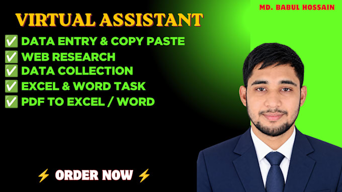be your virtual assistant for data entry, data mining, copy paste, web re