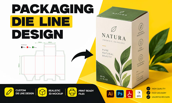 create custom packaging box dieline, die cut and print ready template