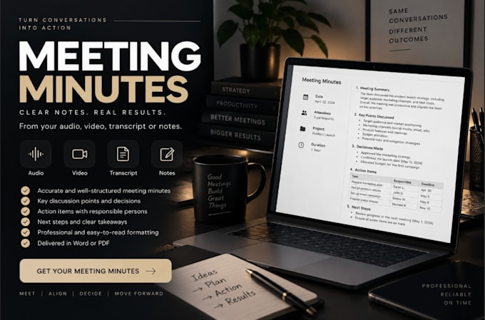 create professional meeting minutes from audio video notes