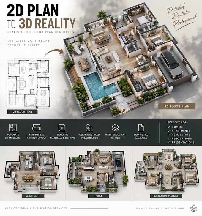 create realistic 3d floor plan rendering from your 2d plan