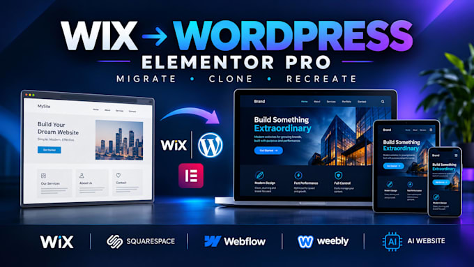 convert, clone, migrate ai site, squarespace, webflow wix to wordpress elementor