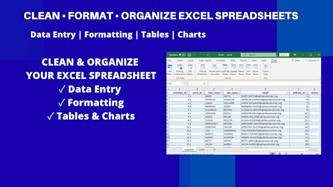 clean, format and organize excel spreadsheets and dashboards