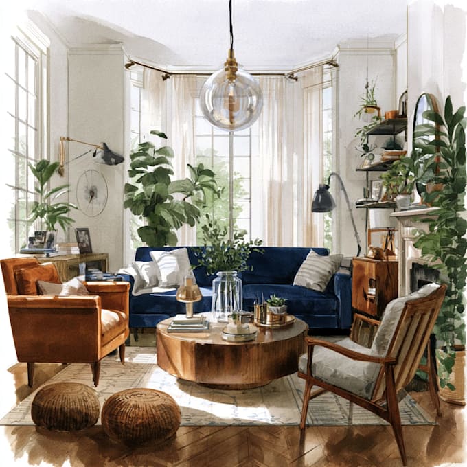 render architecture room interior concept in watercolor