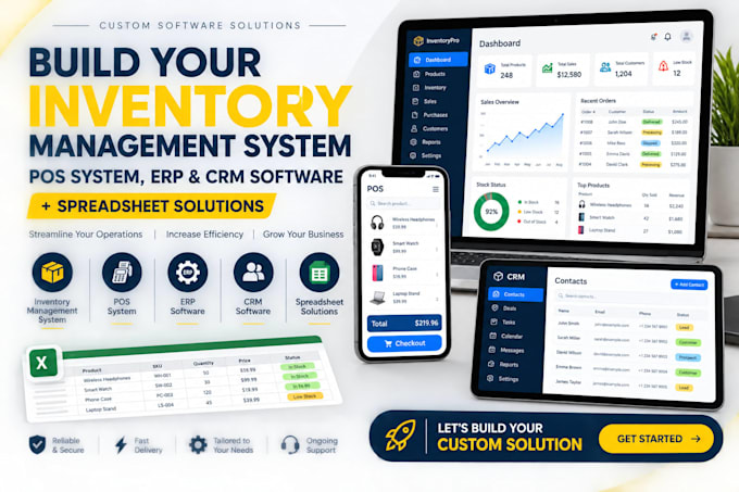 build inventory management system, pos system, erp and crm software spreadsheet