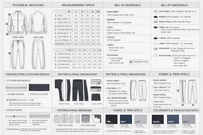 create garment tech pack with technical drawings for manufacturing