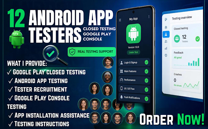 provide 12 testers closed testing android app testing google play 20 app testers