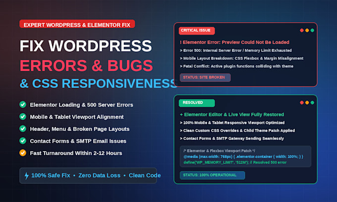 fix wordpress elementor errors bugs and css responsiveness issues