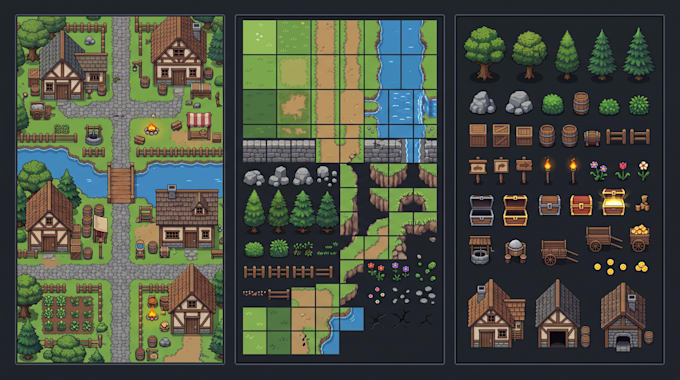 2d top down tileset and tilemap game environment isometric, top down game assets