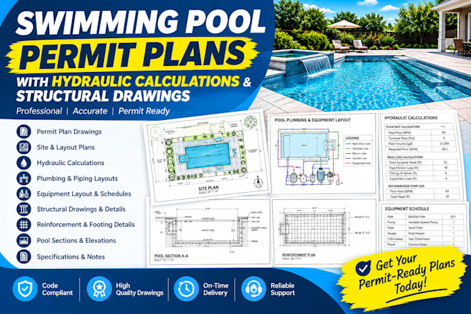 design swimming pool permit plans with hydraulic calculations structural drawing
