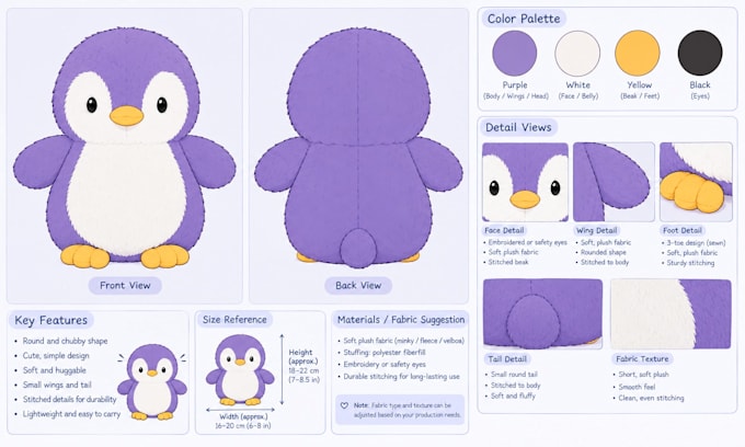 design plush reference sheet for stuffed animal, toy design and custom plushie