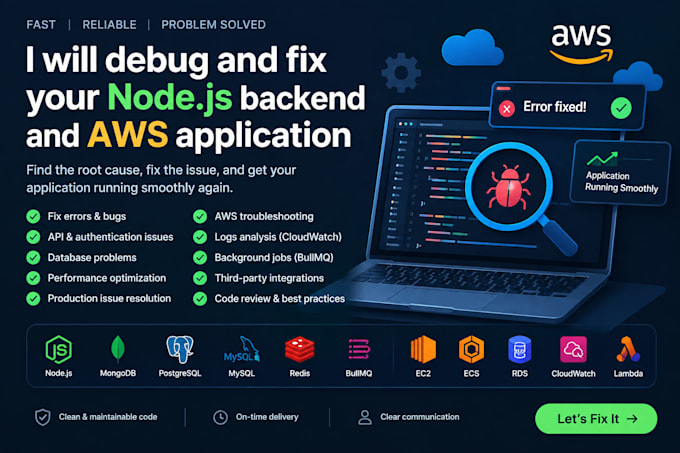 debug and fix your nodejs backend and AWS application