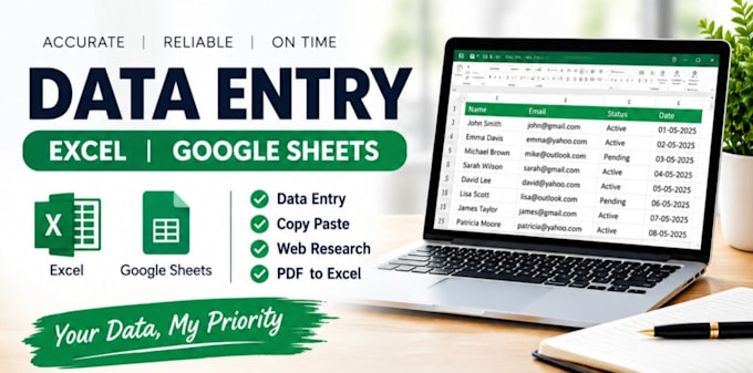 do accurate data entry, excel and web research