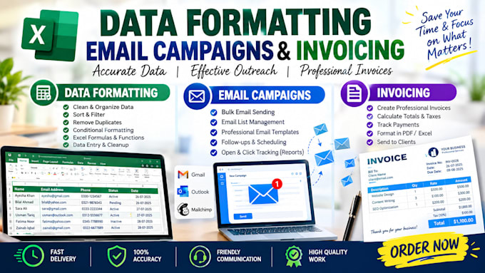 do data entry, invoicing and mailmerge on excel and sheets