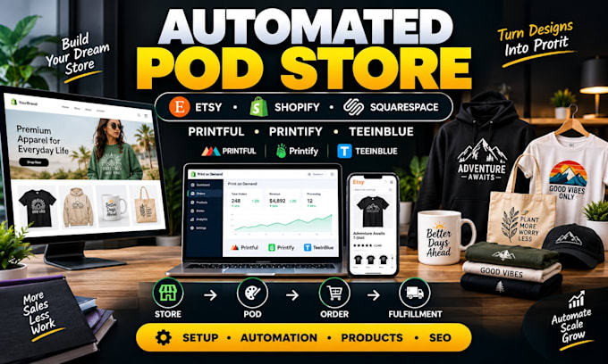 setup automated etsy shopify printful printify squarespace teeinblue pod store