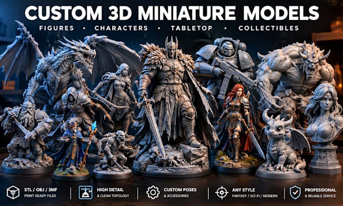 create custom 3d miniature models figures tabletop  characters and printable stl