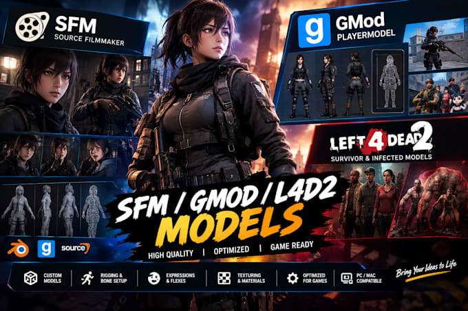 create custom sfm model, gmod playermodel and l4d2 character, mmd character