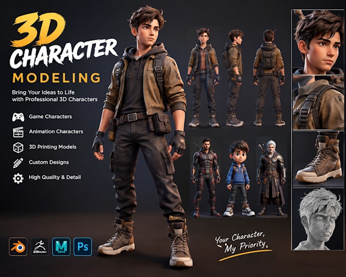 create a custom 3d character model for games, animation