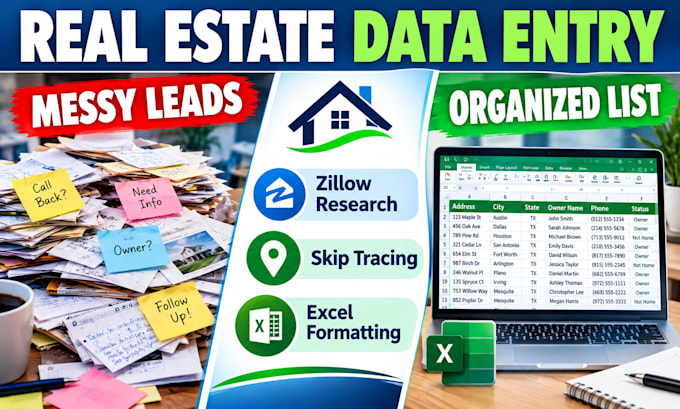 do real estate data entry, property research, and skip tracing