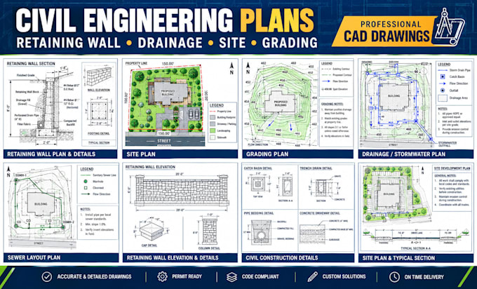 design civil engineering retaining wall, drainage plan, site plan, grading plan