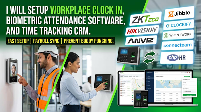 setup workplace clock in, biometric attendance software, and time tracking crm