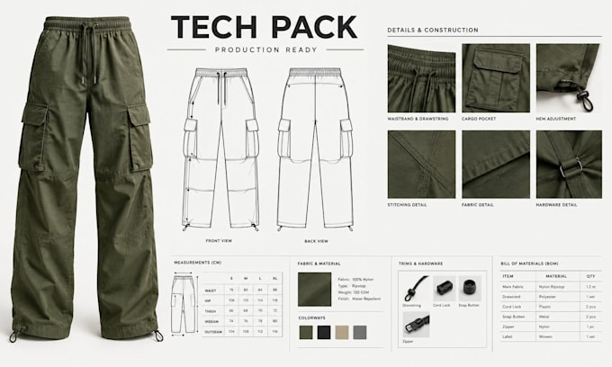 create cargo pants and cargo jogger tech packs for manufacturing
