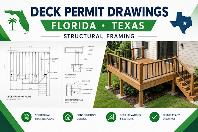 create florida and texas deck permit drawings and structural framing plans