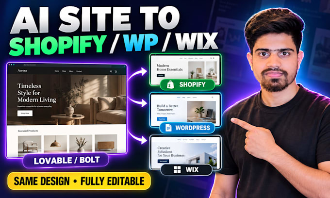 convert your lovable or bolt ai website to shopify, wordpress or wix