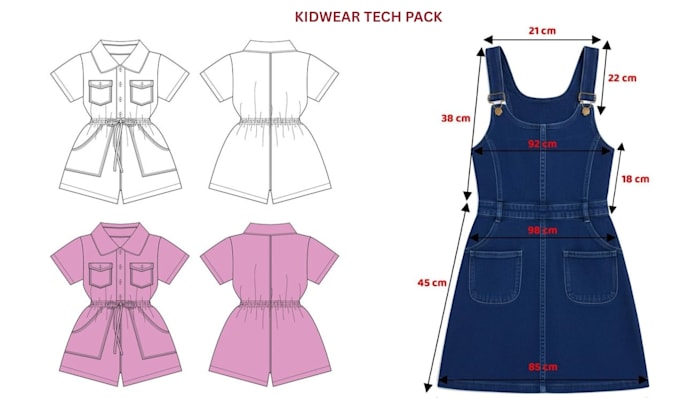 kid wear tech pack clothing design flat sketch and apparel tech pack