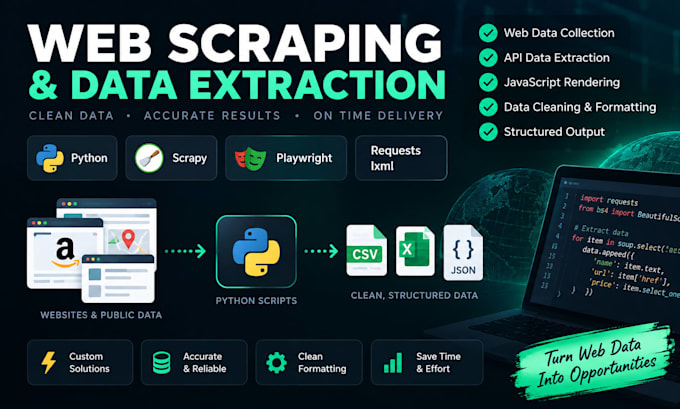 scrape websites, apps and extract structured data using python