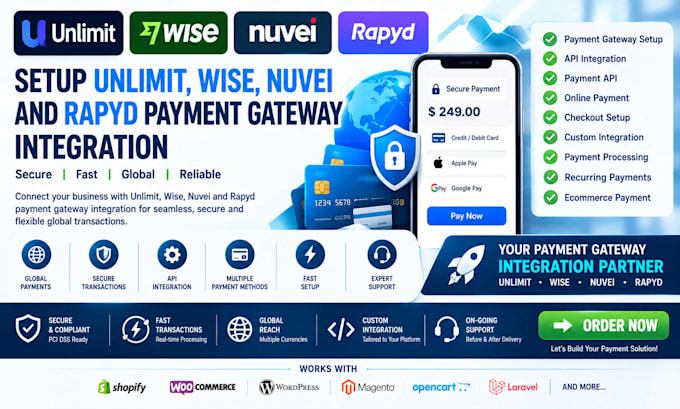 setup unlimit, wise, nuvei and rapyd payment gateway integration
