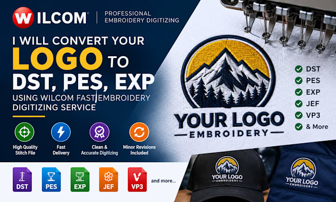 convert your logo to dst,pes,exp using wilcom fast embroidery digitizing service