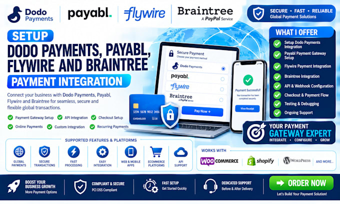 setup dodo payments, payabl, flywire and braintree payment integration