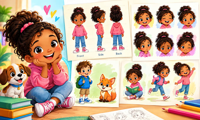 create children book character design, pose and expression sheets