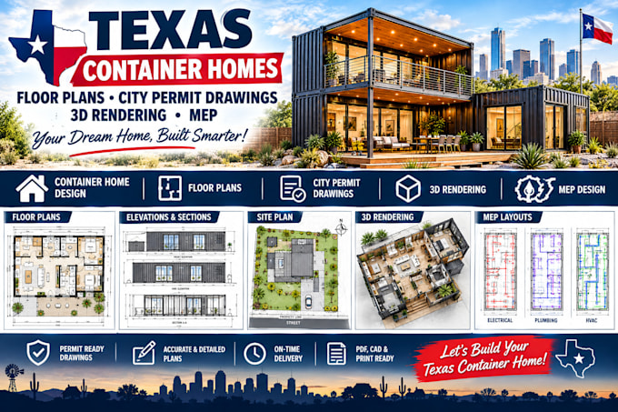 design texas container homes, floor plans, city permit drawings 3d rendering mep