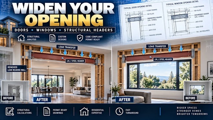 design structural plans for wall openings, wider doors and window openings