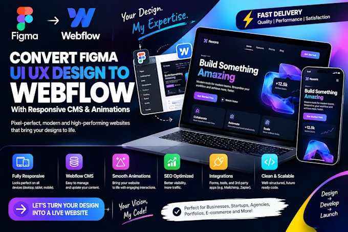convert figma UI UX design to webflow with responsive cms and animations