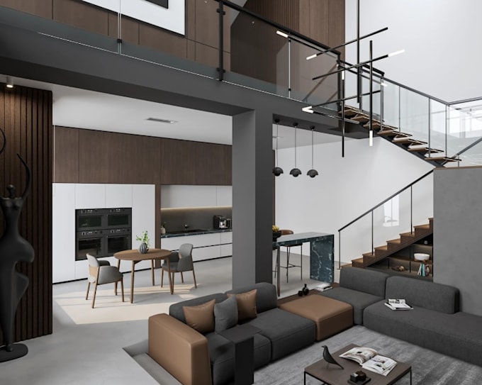 contemporary loft concept,apartment interior layout,bathroom,living space render