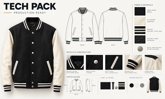 create varsity jacket and bomber jacket tech pack for production