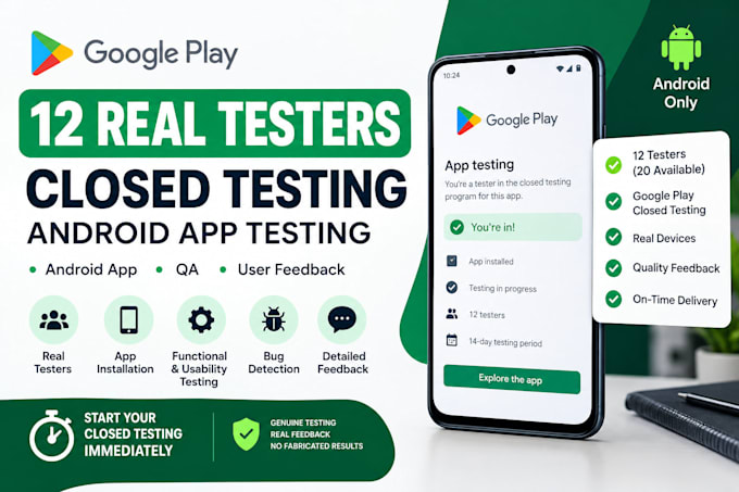provide 12 testers for google play closed testing and android app testing