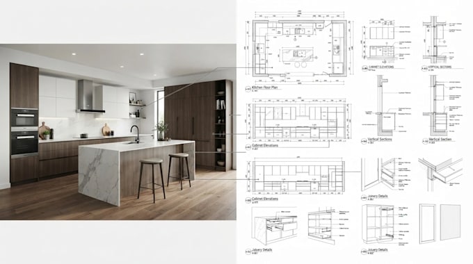 do kitchen cabinet shop drawing, cabinetry, millwork, fabrication, joinery plans
