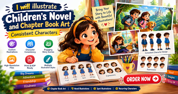 illustrate childrens novel and chapter book art, consistent characters