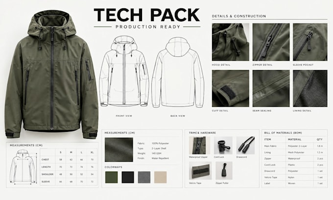 create a jacket and outerwear tech pack for manufacturing