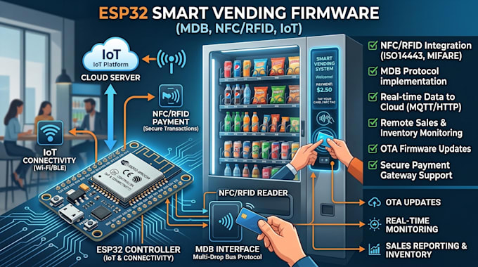 design vending machine electronics, mdb, nfc, rfid esp32 and iot firmware
