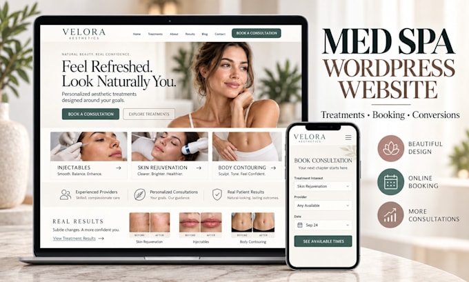 design med spa website in wordpress with booking and treatment conversion pages