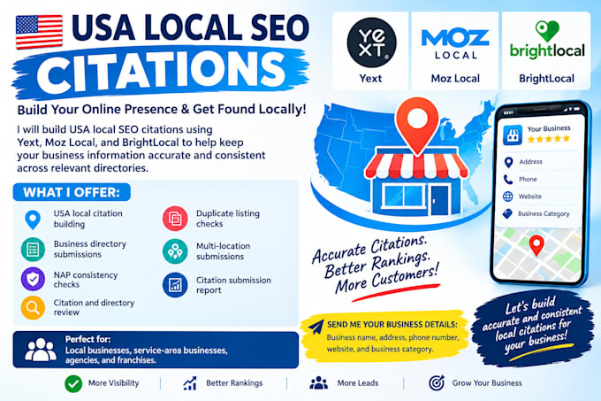 build USA local SEO citations using yext, moz local  brightlocal