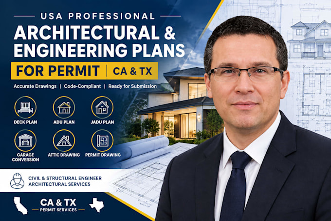 prepare deck plan, adu and jadu plan, garage conversion permit drawings in ca tx