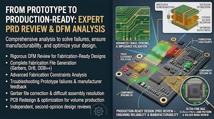 review pcb design, dfm analysis, fabrication constraints and manufacturing error