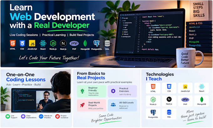 teach you web development with HTML CSS javascript react and node